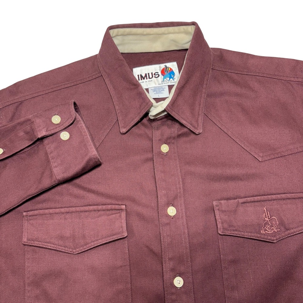 IMUS Auto Body Express Western Shirt Men's L Maroon Cotton Long Sleeve Canvas